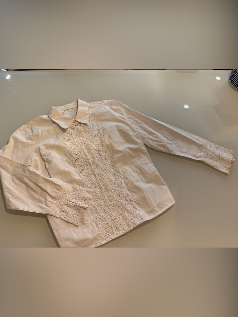 White Eyelet Lace-Front Women's Shirt - size M